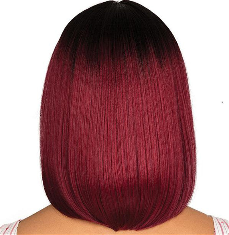 Women's Short Straight Hair, Black Gradient Burgundy Hair