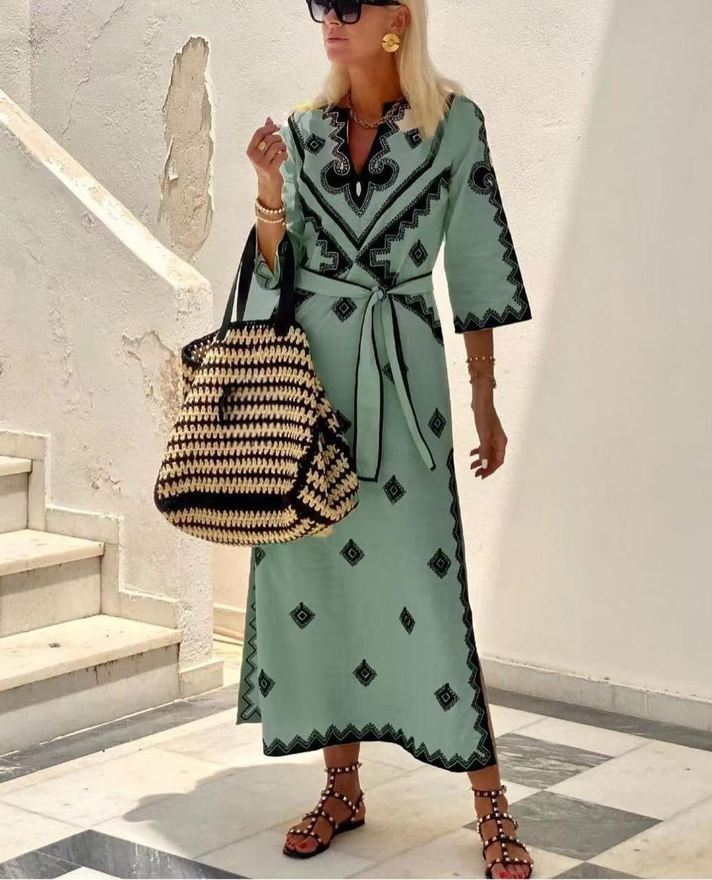 Printed Belt Linen Bohemian Dress pullover sleeve type