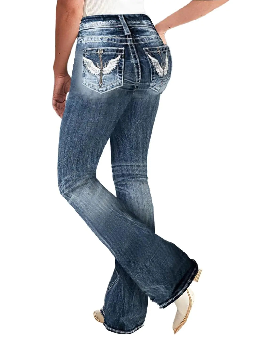Flamingals Bootcut Jeans for Women Flare Jeans Straight Leg Embroidery Print Jeans Denim Pants Mid Blue 2XL
