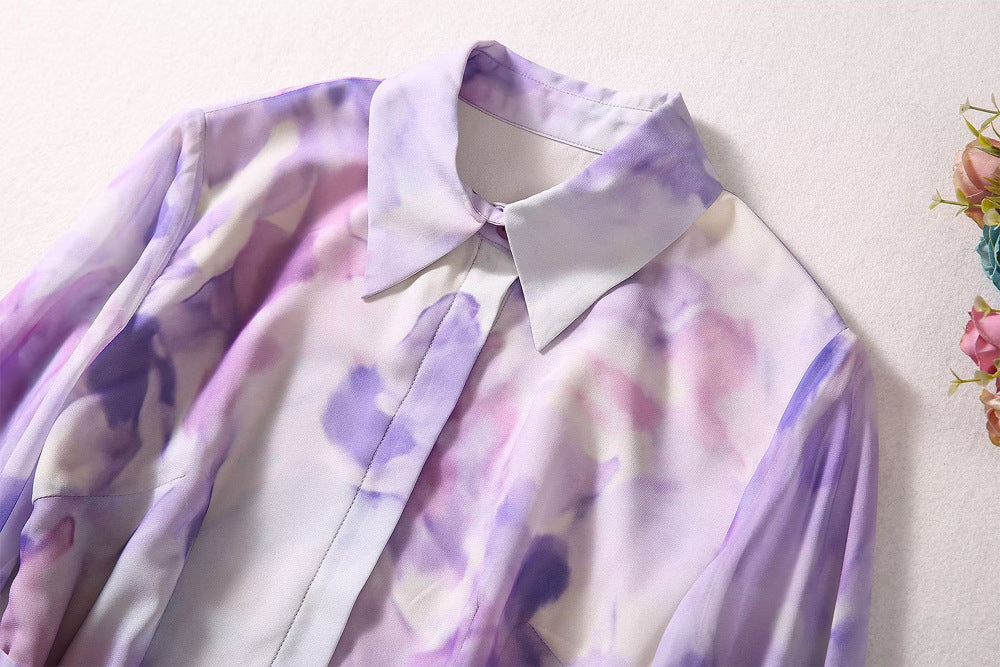 Women's Lapel Long-sleeved Purple Watercolor Printing Dress