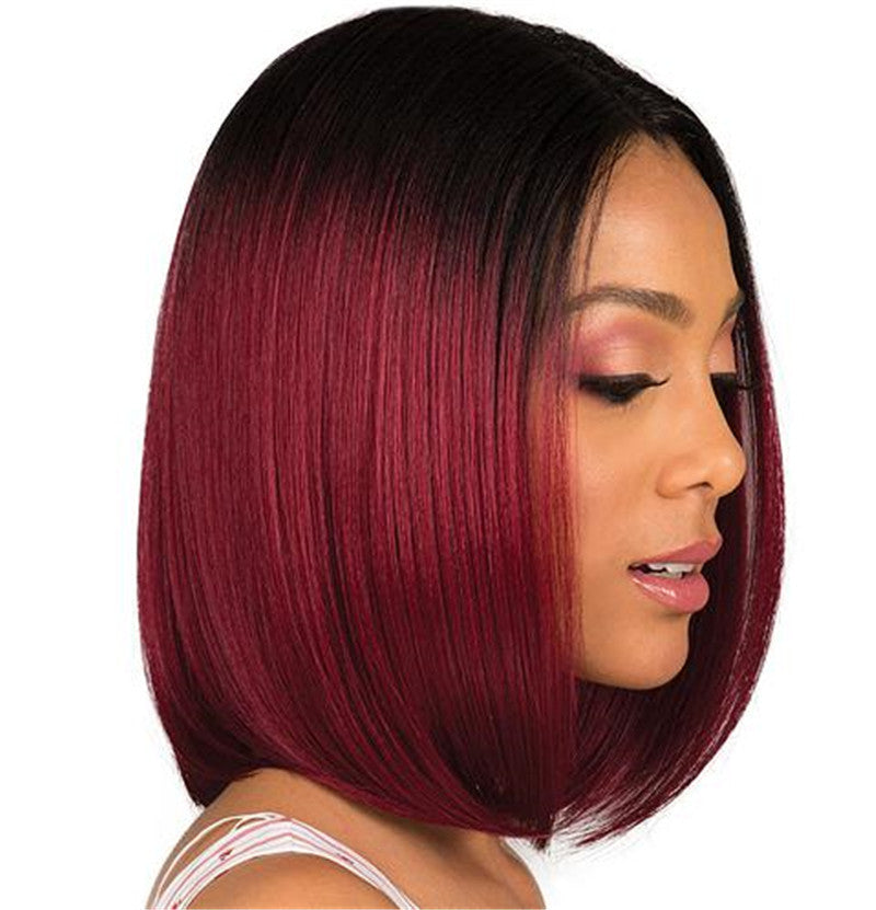 Women's Short Straight Hair, Black Gradient Burgundy  Hair