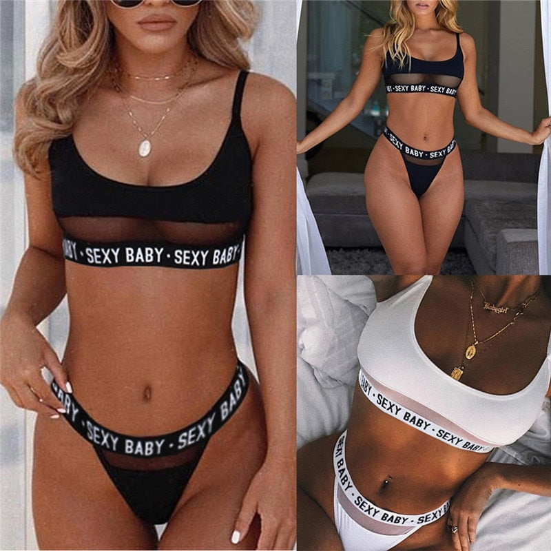 Sexy openwork letters split bikini three point style 