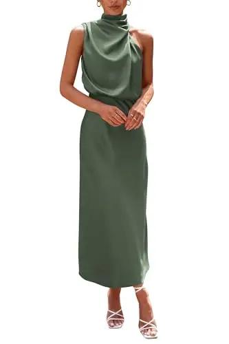 PRETTYGARDEN Women's 2024 Summer Satin Dress Elegant Sleeveless Mock Neck Cocktail Party Maxi Dresses