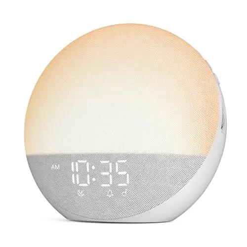 Sunrise Alarm Clock White Noise Machine Natural Wake Up Light - Dimmable Clock with Bluetooth Speaker for Bedroom - 25 Sleep Sounds for Baby Adults Kids Frost White