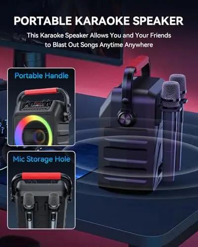 Karaoke Mchine,Karaoke Machine for Adults & Kids,Karaoke Speaker with 2 Wireless Microphones,Portable Bluetooth Karaoke Speaker Supports TWS/REC/AUX/USB/TF for Party