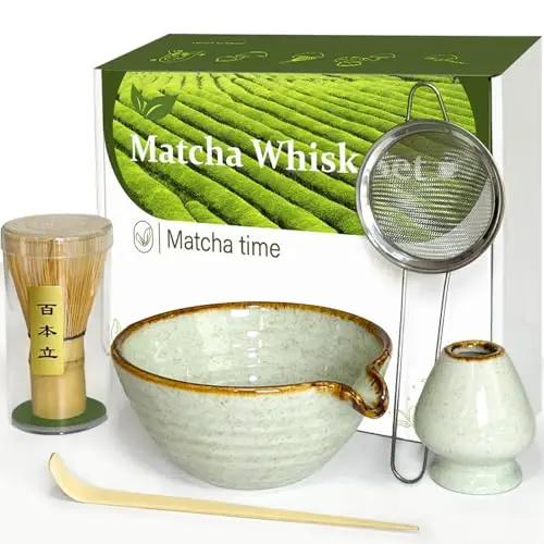 Matcha Whisk Set with Matcha Bowl, Matcha Whisk Holder Matcha Bamboo Whisk, Scoop, Sifter, Unique Gifts for Women Men Girl Friend Home Kitchen Decor Gifts for Tea Enthusiasts Christmas
