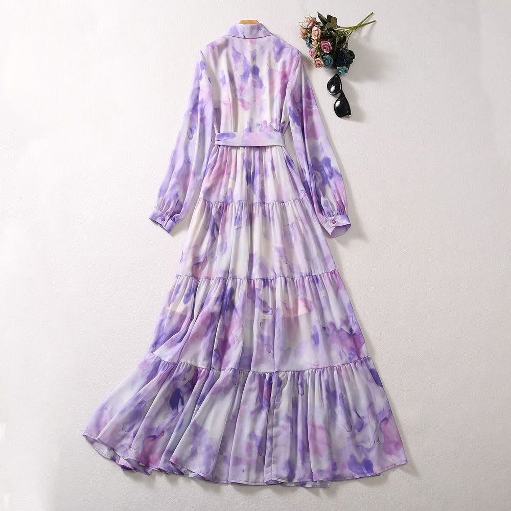 Women's Lapel Long-sleeved Purple Watercolor Printing Dress