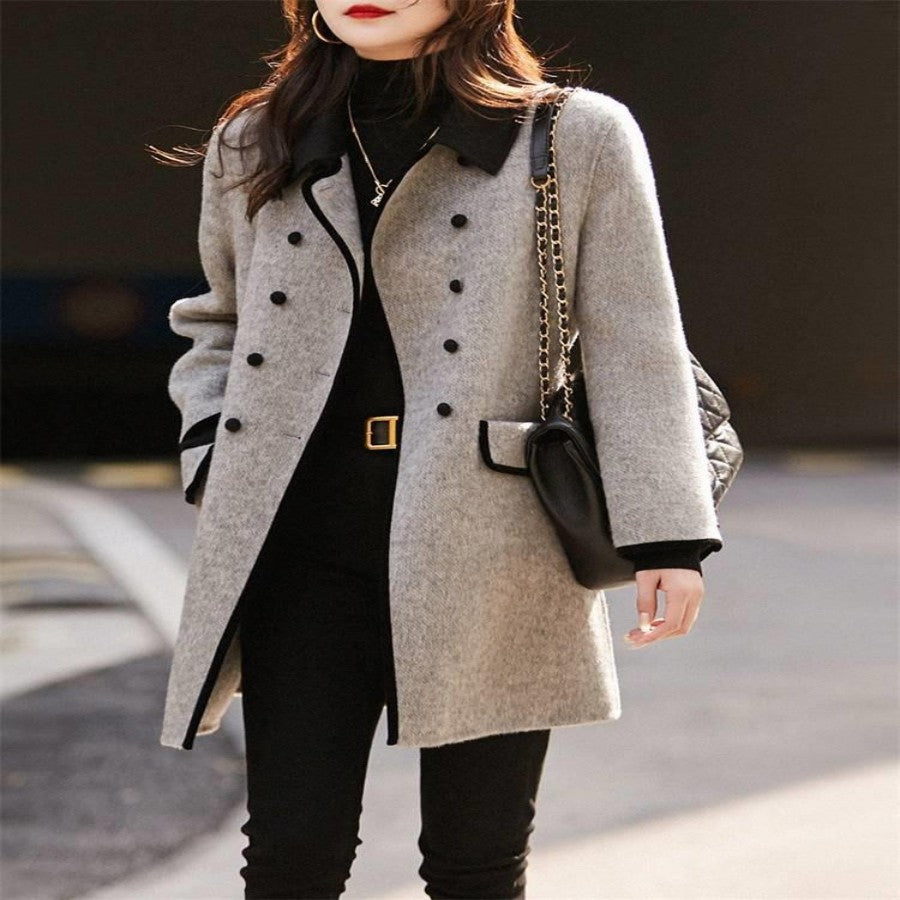 Casual Contrast Color Peter Pan Coll Reversible Woolen Coat