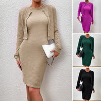 Women's Stylish Temperament Long Sleeves Top Round Neck Sheath Dress Suit