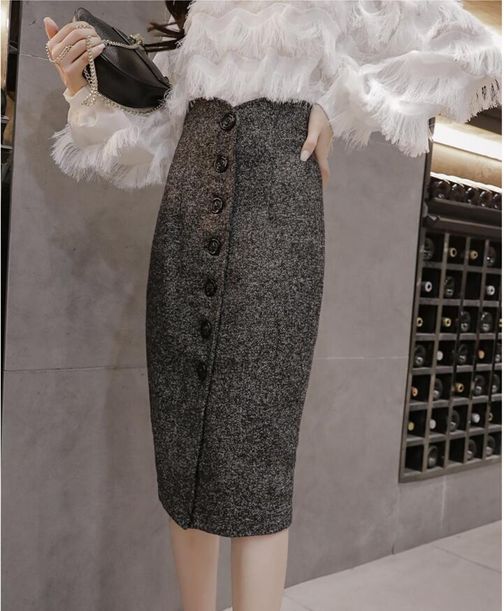 Neophil High Waist Woolen Button Pencil Midi Skirts  46389051719974|46389051752742|46389051785510|46389051818278|46389051851046