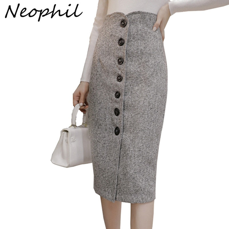 Neophil High Waist Woolen Button Pencil Midi Skirts 