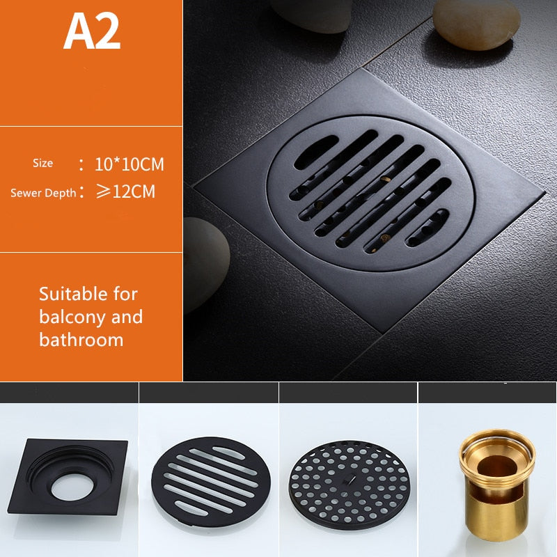 ZGRK Black Brass Floor Drain Deodorant 100x100mm Square 46388988215590