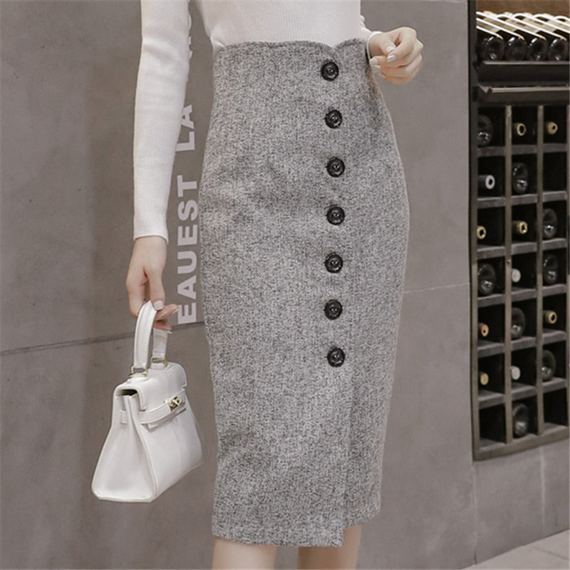 Neophil High Waist Woolen Button Pencil Midi Skirts 