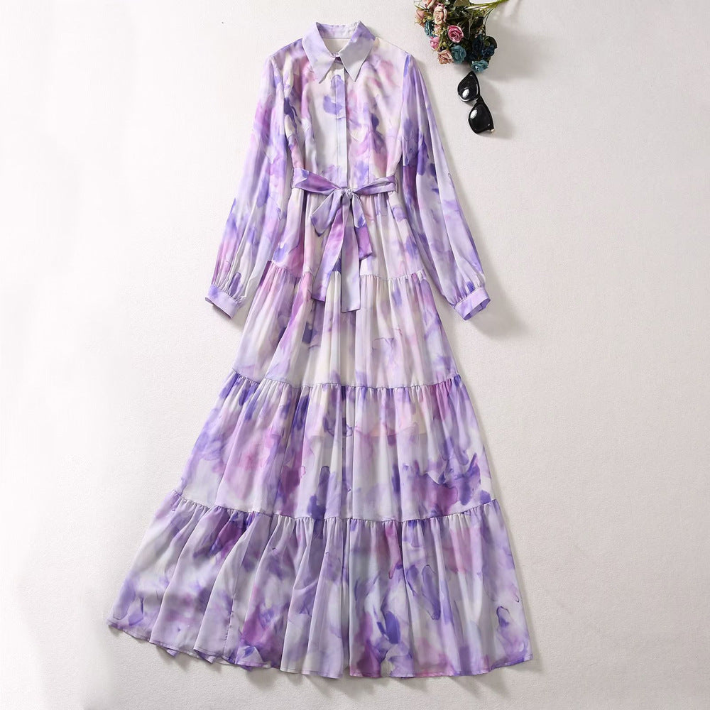 Women's Lapel Long-sleeved Purple Watercolor Printing Dress