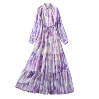 Women's Lapel Long-sleeved Purple Watercolor Printing Dress