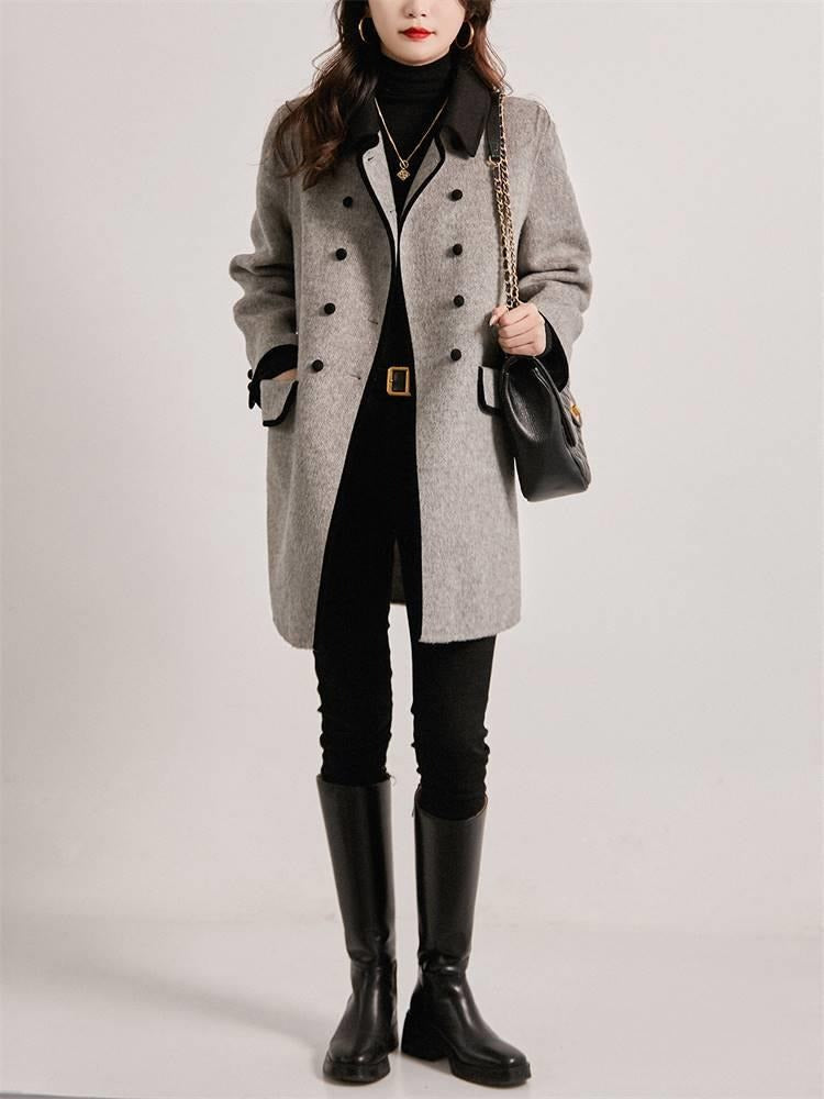 Casual Contrast Color Peter Pan Coll Reversible Woolen Coat