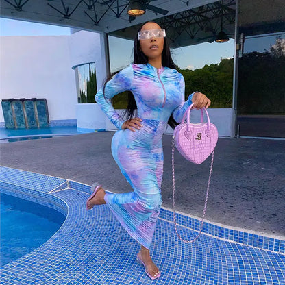 Autumn Digital Print Long Sleeve Bodycon Dress for Women