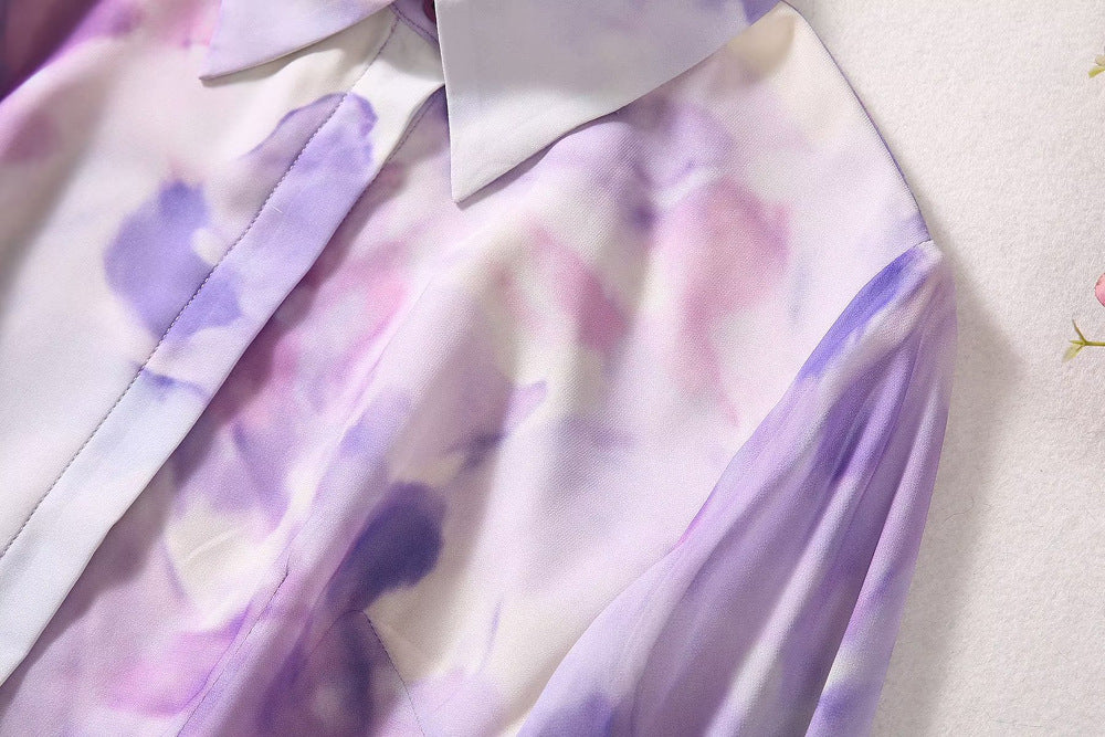 Women's Lapel Long-sleeved Purple Watercolor Printing Dress