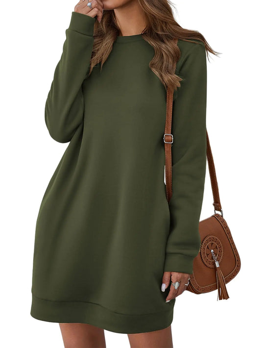 LYANER Womens Sweatshirt Dress Crewneck Long Sleeve Sweat Shirt Loose Fit Mini Dresses with Pockets Army Green X-Large